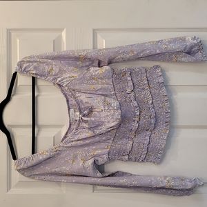Planet Gold Boho pheasant Blouse XL Lavender and light blue and gold flowers